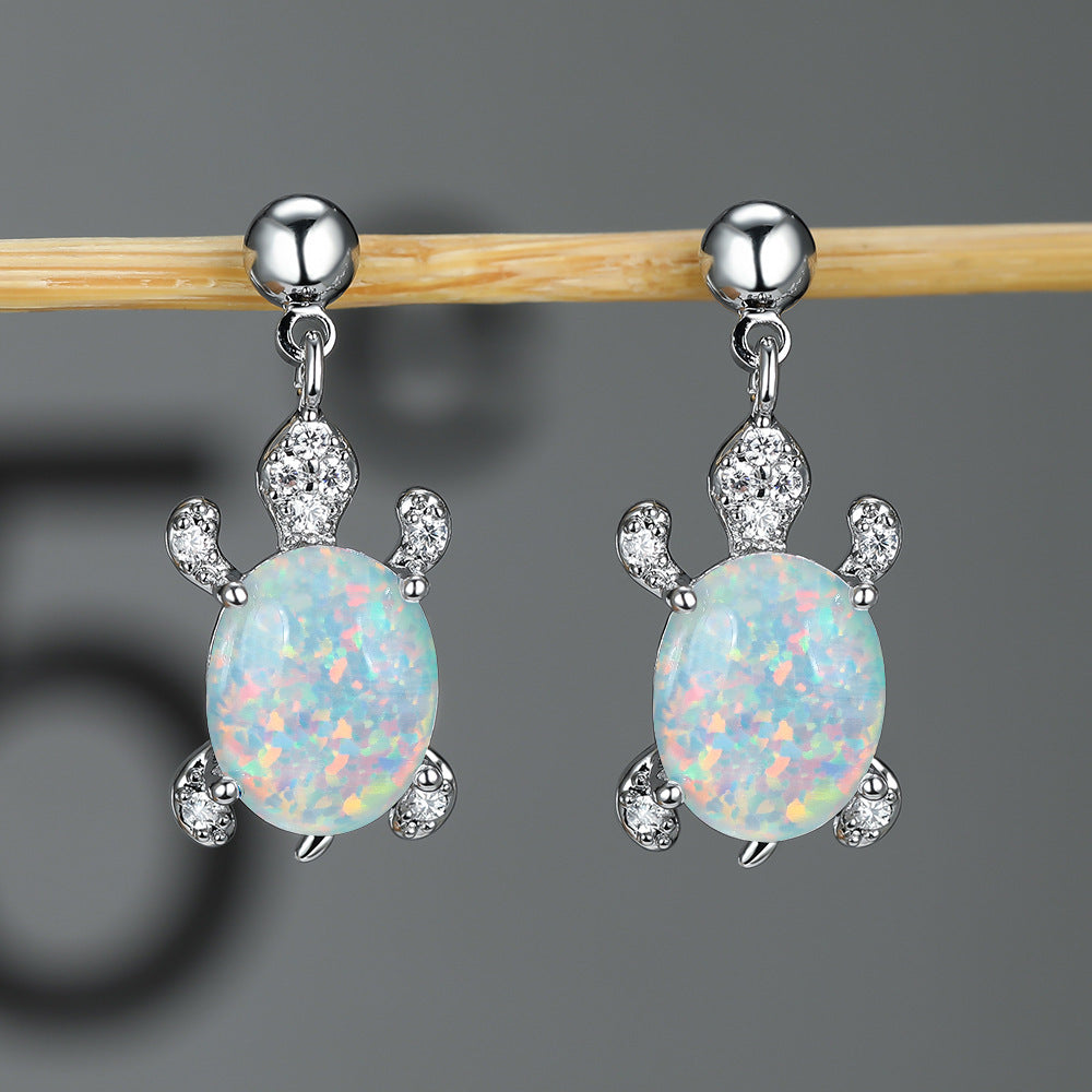 Women's Turtle Design Dangle Earrings Inlaid with Blue Opal, White Opal, Green Opal and Round Zirconia
