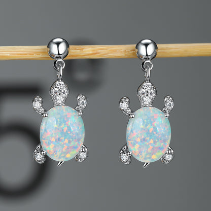 Women's Turtle Design Dangle Earrings Inlaid with Blue Opal, White Opal, Green Opal and Round Zirconia