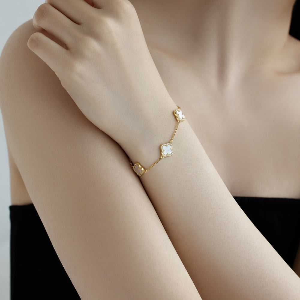 Women's Delicate Bracelet, White Shell & Round White Zirconia Inlay Clover Design, S925 with 18K Gold Plating