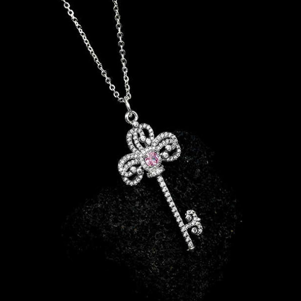 Women's White Gold Classic Iris Key Shape Pink Sapphire Pendant
