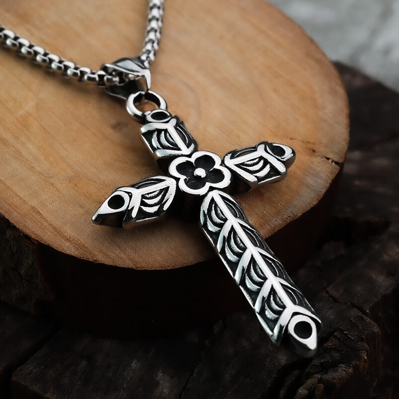 Vintage Stainless Steel Men's Double Sided Engraved Cross Pendant Necklace