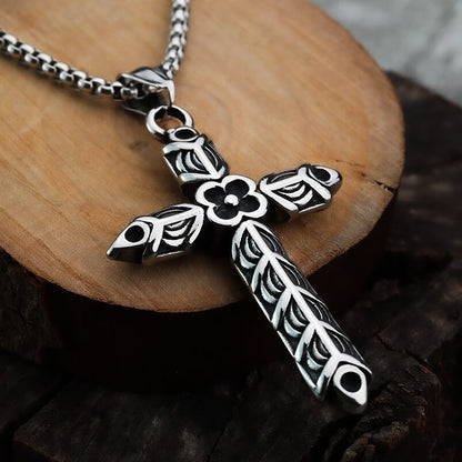 Vintage Stainless Steel Men's Double Sided Engraved Cross Pendant Necklace