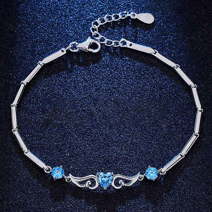 Women's White Gold Angel Wings Heart Shape Blue Sapphire Bracelet