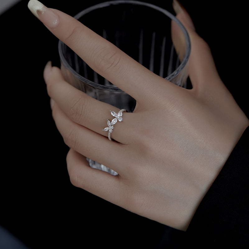 Women's S925 Silver Ring with White Gold Plating, Double Butterfly Inlaid Cubic Zirconia Unique Ladies Fashion Ring