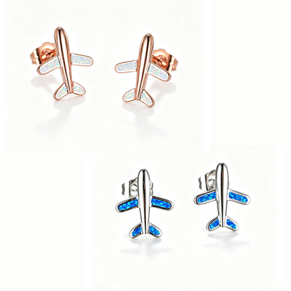 Women's Airplane‑Shape Stud Earrings, White Opal / Blue Opal