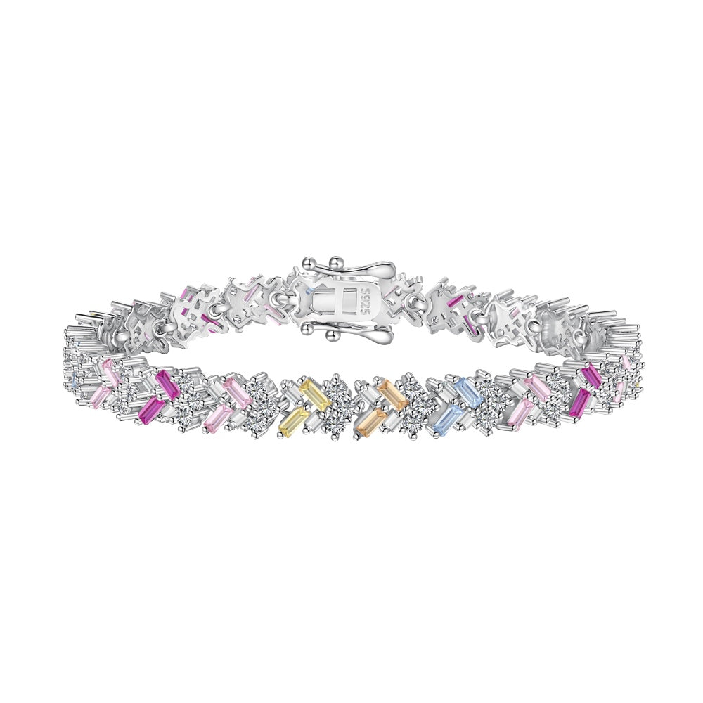 Women's Tennis Bracelet, Rainbow Multicolor Bagu‑Cut Rectangular Zirconia Inlay, S925 with White Gold Plating