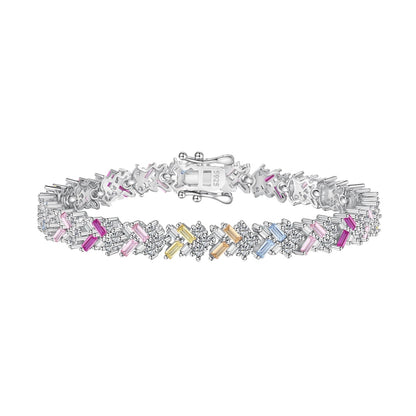 Women's Tennis Bracelet, Rainbow Multicolor Bagu‑Cut Rectangular Zirconia Inlay, S925 with White Gold Plating