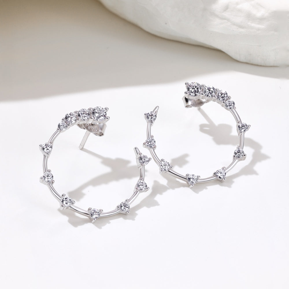 Women's C‑Shape Hoop Earrings, Starry Round Zirconia Paved, S925 with White Gold Plating