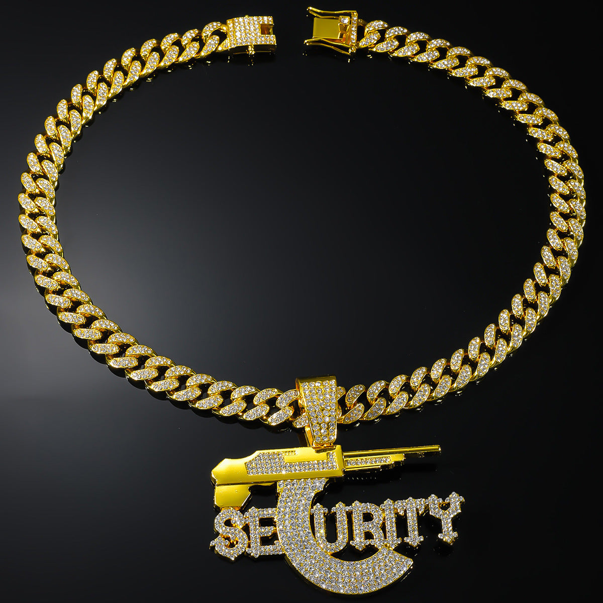 Hip-Hop Sniper Rifle Design SEURITY Letter Cuban Chain Pendant Necklace