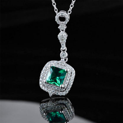 Women's Sterling Silver White Gold Cushion Shape Double Halo Emerald Pendant