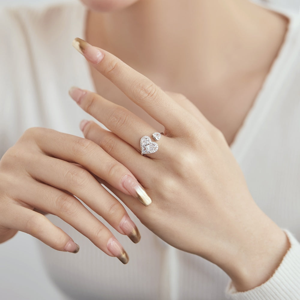 Women's Adjustable Heart Double Stone Ring, Heart-Shaped & Round Zirconia, S925 with White Gold Plating
