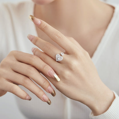 Women's Adjustable Heart Double Stone Ring, Heart-Shaped & Round Zirconia, S925 with White Gold Plating
