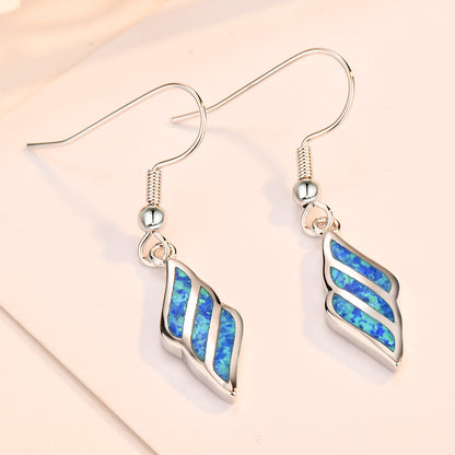 Women's Wing‑Shape Hook Dangle Earrings, Blue Opal Inlay, with White Gold Plating