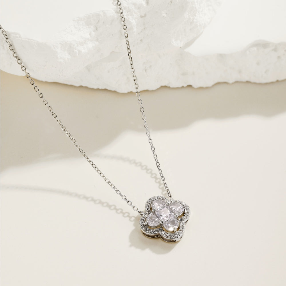Women's Lucky Clover Pendant Necklace, D‑Shape Square & Round Zirconia Sparkling Charm, S925 with White Gold Plating