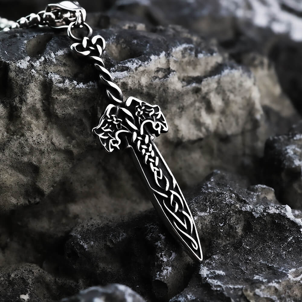 Vintage Antique Oxidized Stainless Steel Men's Viking Celtic Knot Sword Hollow Pendant Necklace