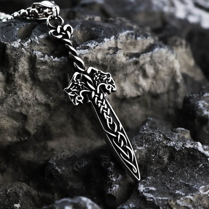 Vintage Antique Oxidized Stainless Steel Men's Viking Celtic Knot Sword Hollow Pendant Necklace