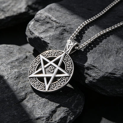 Men's Steel Pentagram Round Pendant Necklace
