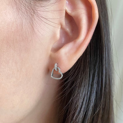 Women's Interlocking Heart Dangle Stud Earrings, Paved Zirconia, S925 with White Gold Plating