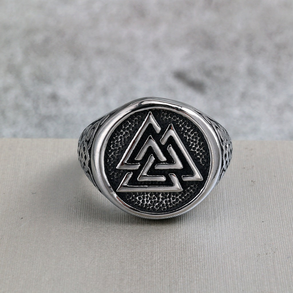Vintage Solid Stainless Steel Viking Triangle Symbol Round Ring for Men