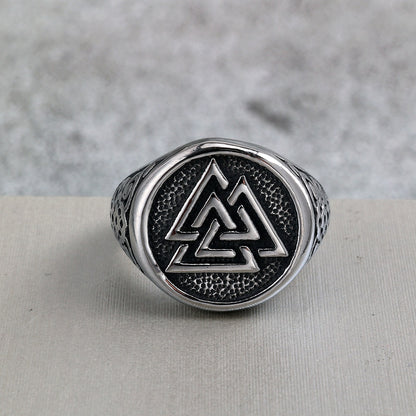 Vintage Solid Stainless Steel Viking Triangle Symbol Round Ring for Men