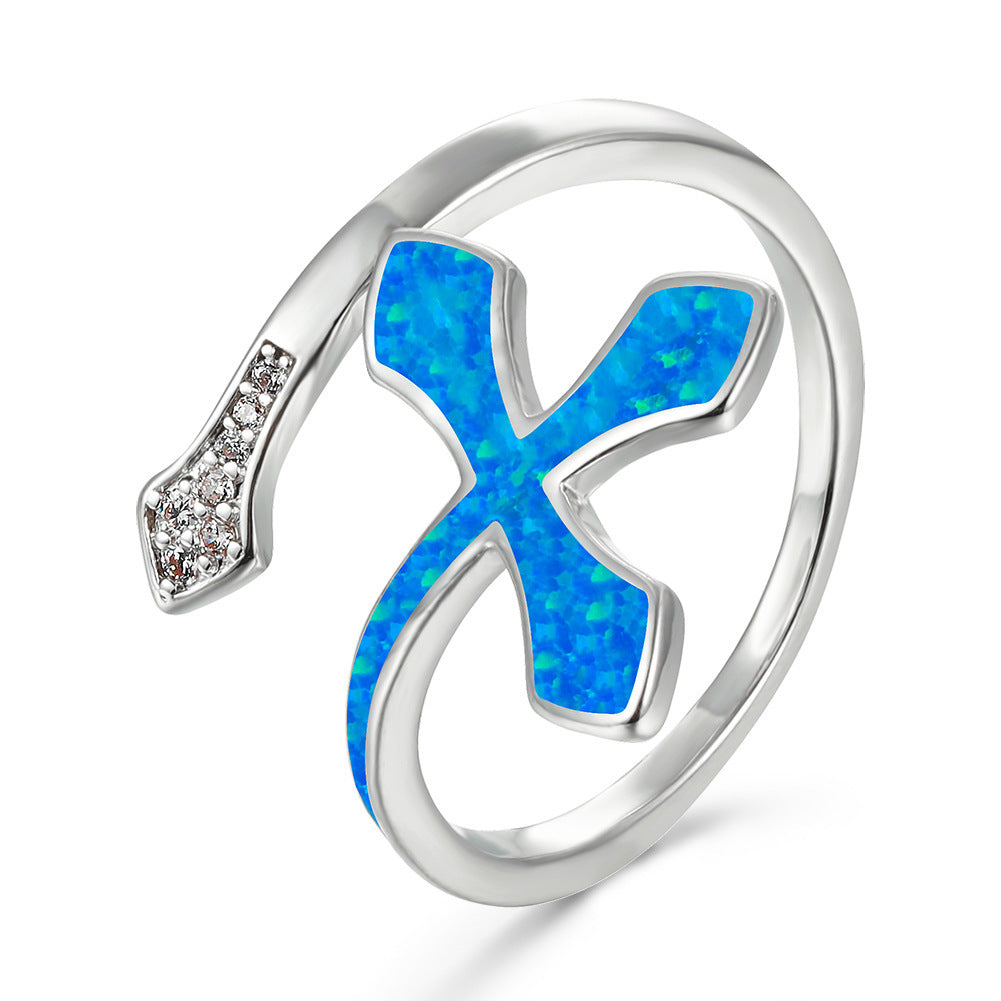 Women's Cross Opal with Zirconia Adjustable Ring