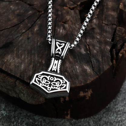 Vintage Antique Oxidized Stainless Steel Men's Viking Mjolnir Rune Totem Pendant Necklace