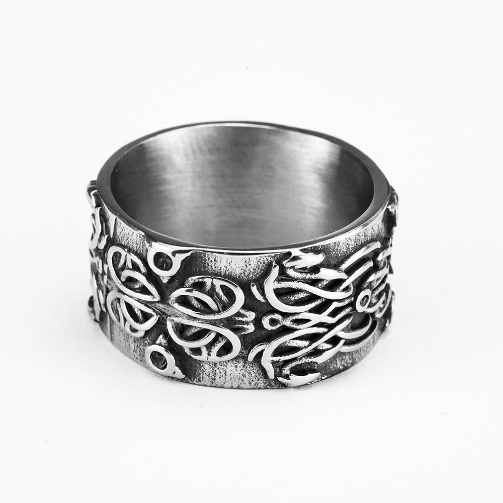 Vintage Antique Oxidized Solid Stainless Steel Celtic Knot Embossed Wide Circle Band Ring for Men