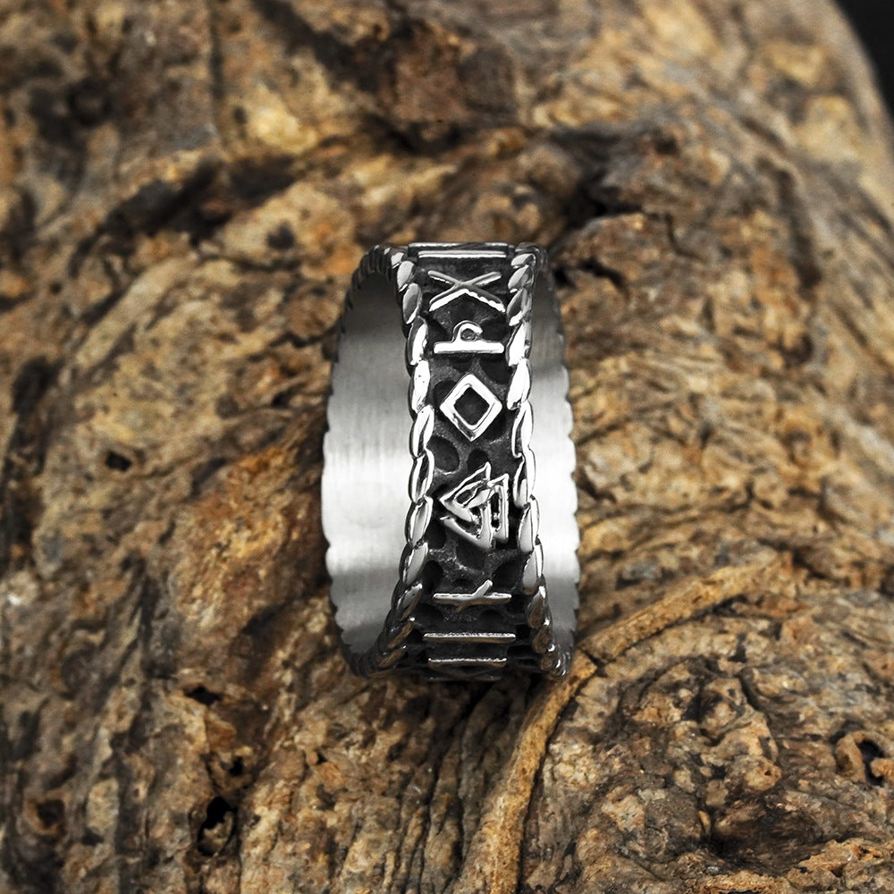 Vintage Solid Stainless Steel Norse Viking Rune Valknut Textured Wide Band Ring for Men