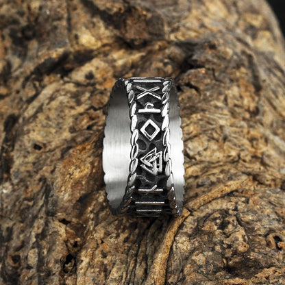 Vintage Solid Stainless Steel Norse Viking Rune Valknut Textured Wide Band Ring for Men
