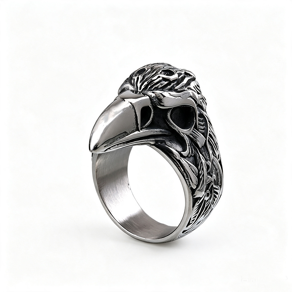 Vintage Solid Stainless Steel 3D Raven Skull Head Band Ring for Men