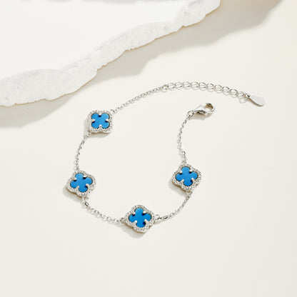 Women's Delicate Bracelet, Turquoise & Round White Zirconia Inlay Clover Design, S925 with White Gold Plating