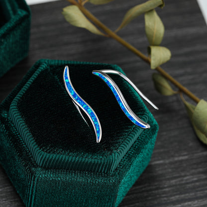 Women's Curved Arc Hook Earrings Inlaid Blue Opal ,Rose Gold Plating/White Gold Plating