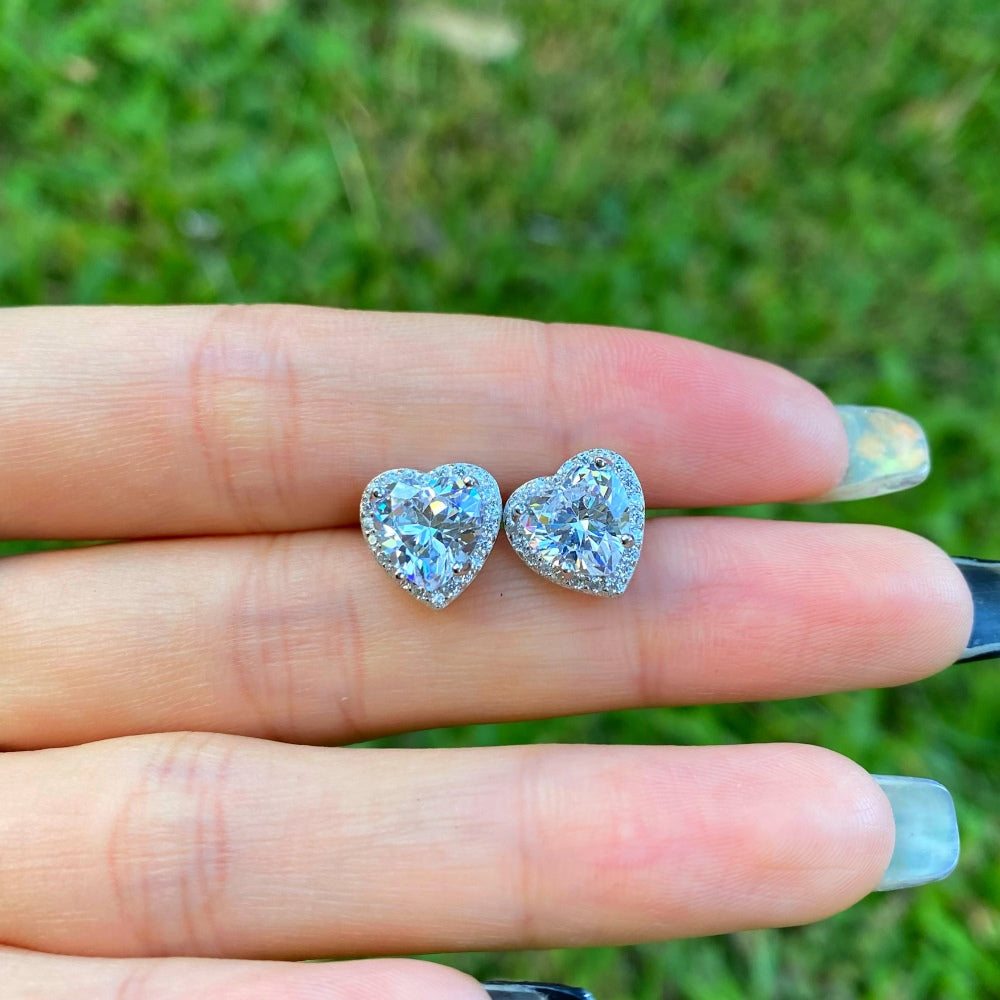 Women's Heart Halo Stud Earrings, Heart‑Shape Main Zirconia With Round Zirconia Halo, S925 with White Gold Plating