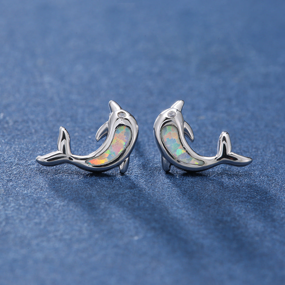 Women's Dolphin‑Shape Curved Blue / White Opal With Zirconia Accent Stud Earrings,