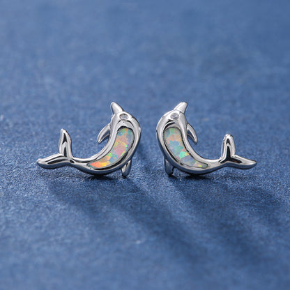 Women's Dolphin‑Shape Curved Blue / White Opal With Zirconia Accent Stud Earrings,