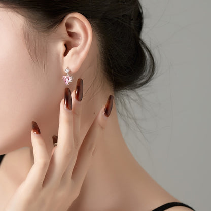 Women's Dangle Earrings, Pink Heart‑Shape Zirconia with Round Zirconia Accent, S925 with White Gold Plating