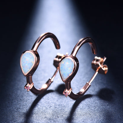 Women's C‑Shape Hoop Earrings, Teardrop Opal With Tiny Zirconia Accent