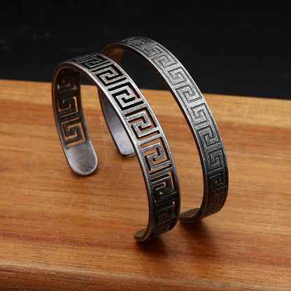 Vintage Engraved Texture Stainless Steel Open C Bracelet for Men, Cut-Out Pattern Adjustable Cuff Bangle Jewelry