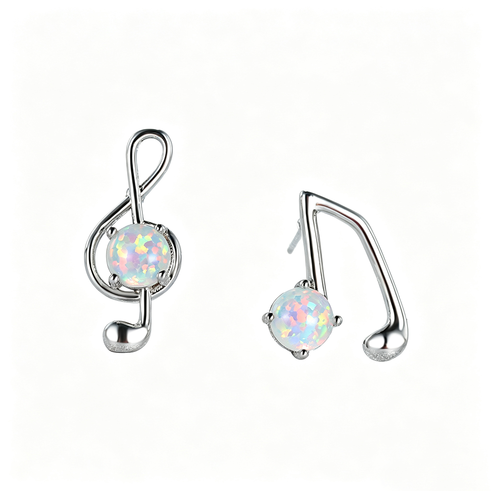 Women's Asymmetrical Music Note Round Opal Stud Earrings, Blue Opal & White Opal