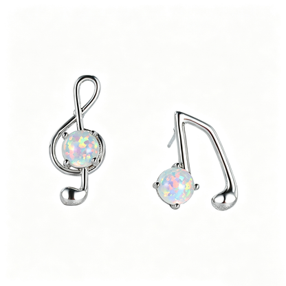 Women's Asymmetrical Music Note Round Opal Stud Earrings, Blue Opal & White Opal
