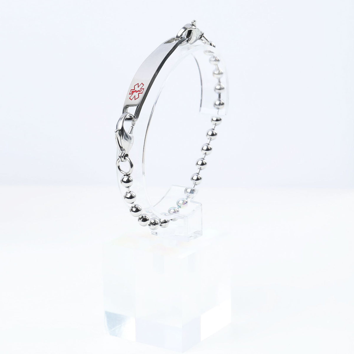 Silver Stainless Steel Round Ball Chain Bracelet for Men, Medical Curved Tag with Lobster Clasp Wrist Chain
