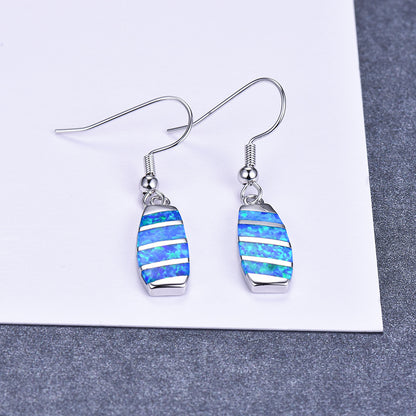 Women's Striped Elongated Hook Dangle Earrings, Blue Opal / White Opal Inlay, White Gold Plating