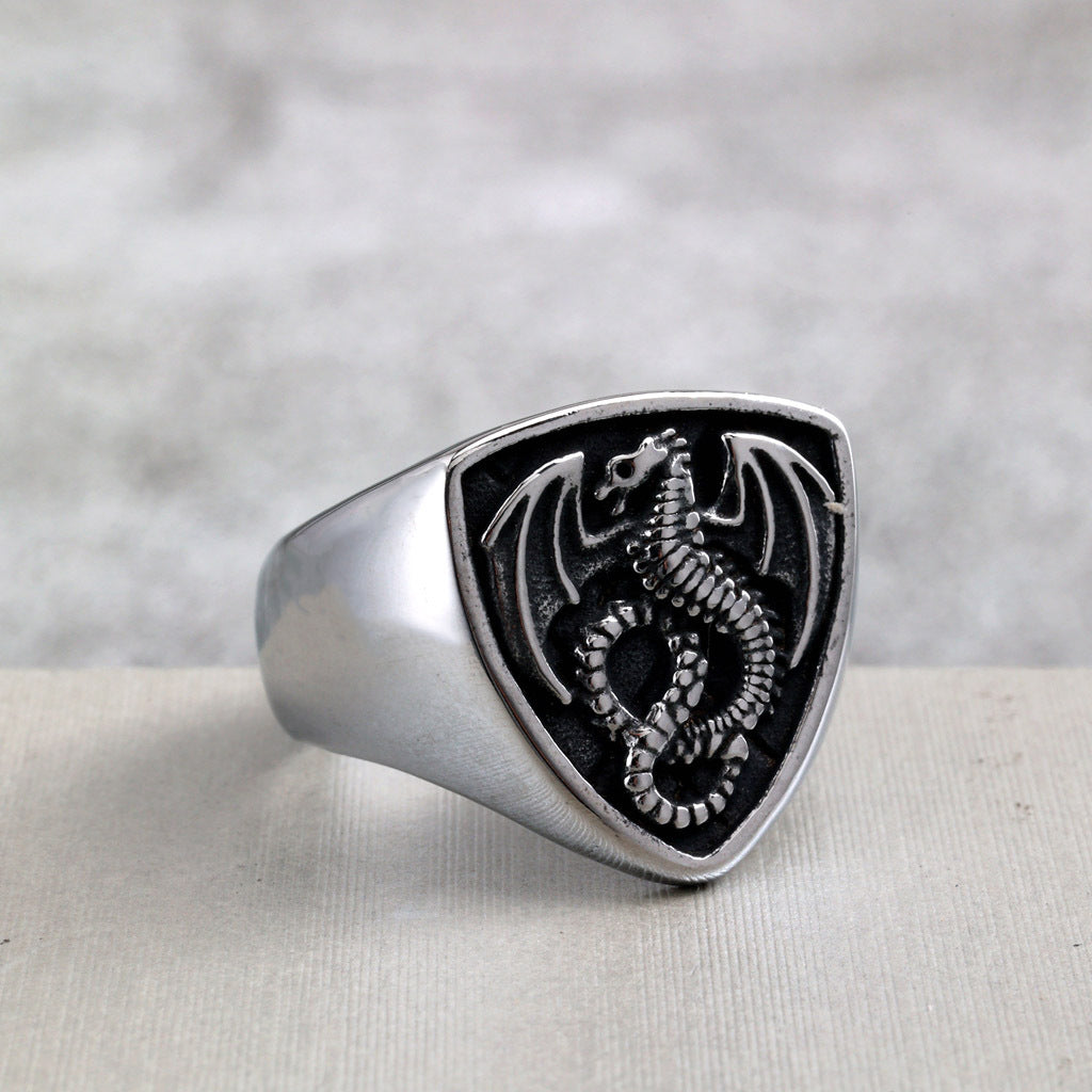 Vintage Solid Stainless Steel Shield Dragon Signet Ring for Men