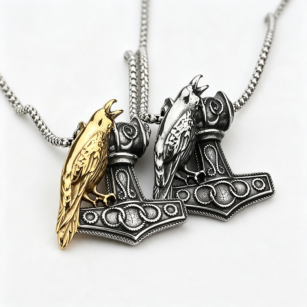 Vintage Stainless Steel Viking Raven and Anchor Combo Pendant Necklace for Men