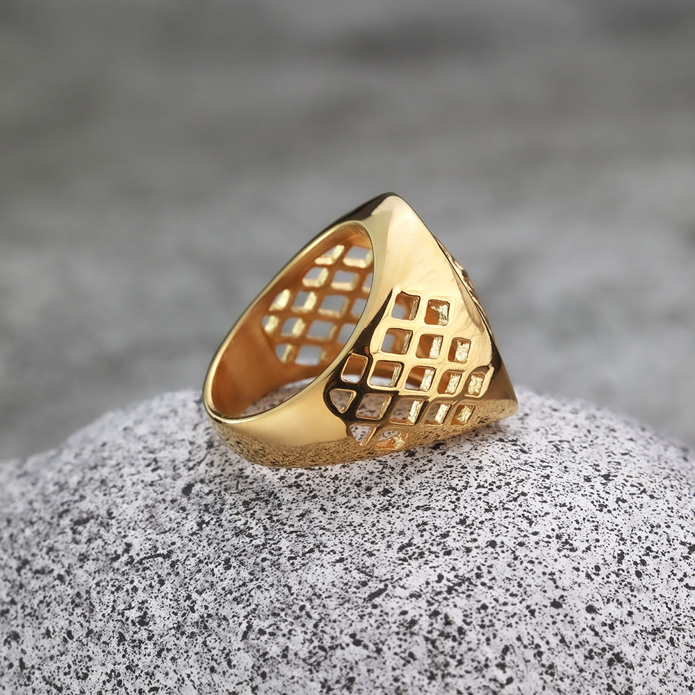 Gold Plated Stainless Steel Iced Out Hollow Cast Horse Head Hip Hop Ring for Men