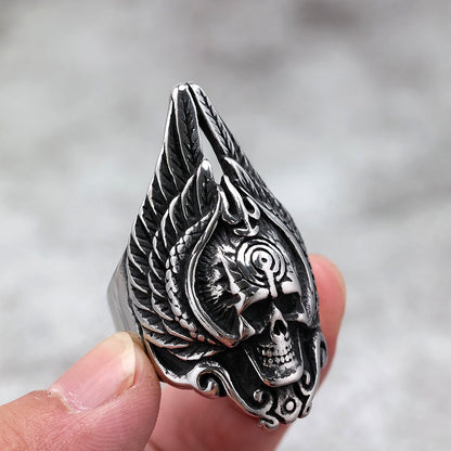 Vintage Stainless Steel Punk Hollow Winged Skull Ring for Men