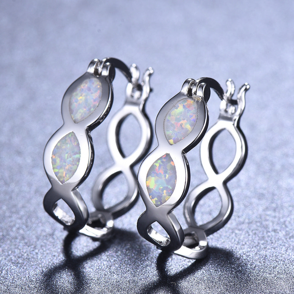Women's Double Marquise Blue & White Opal Figure 8 Hollow Huggie Earrings, White Gold Plating