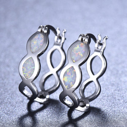 Women's Double Marquise Blue & White Opal Figure 8 Hollow Huggie Earrings, White Gold Plating