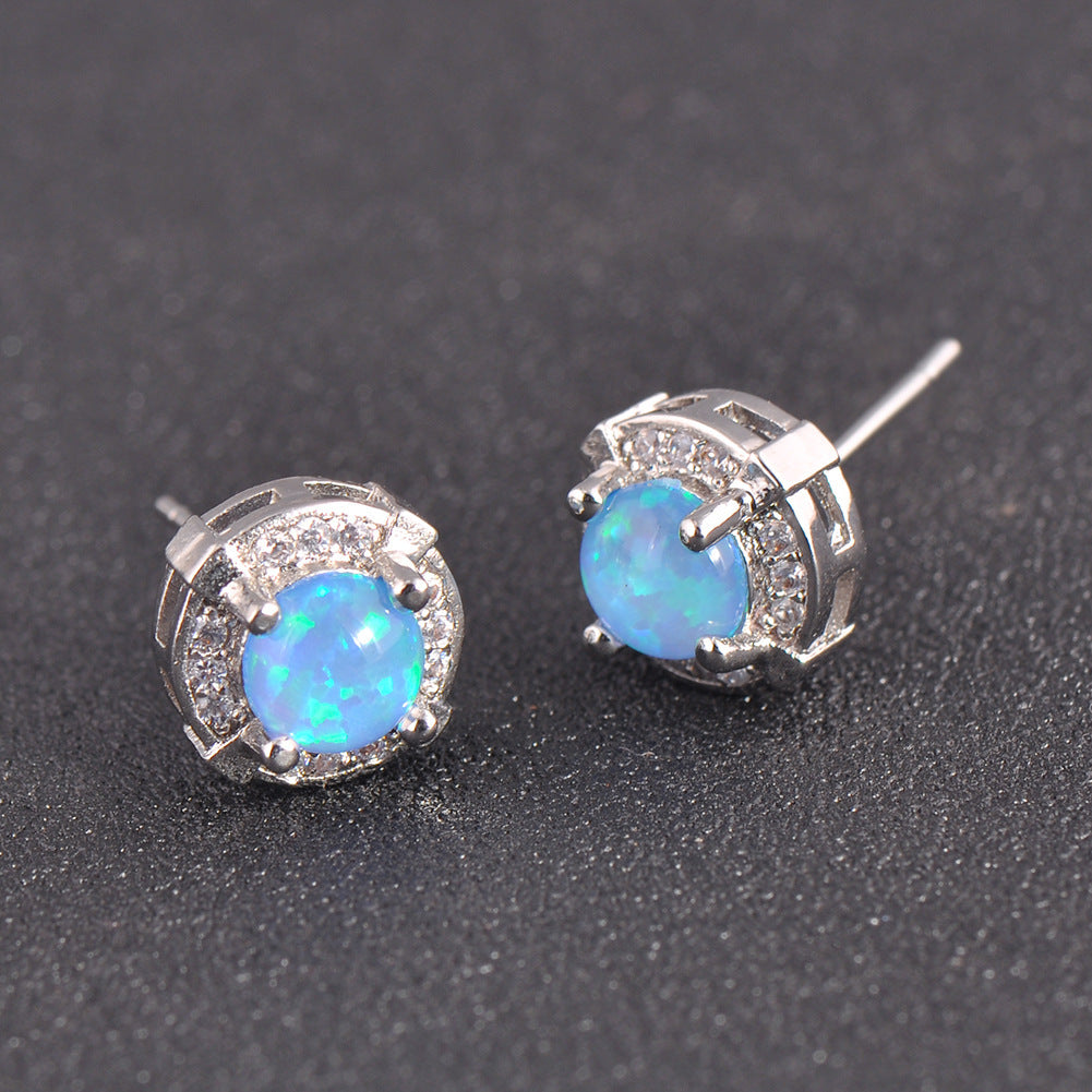 Women's Round Four‑Prong Halo Blue & White Opal Stud Earrings,with White Gold Plating