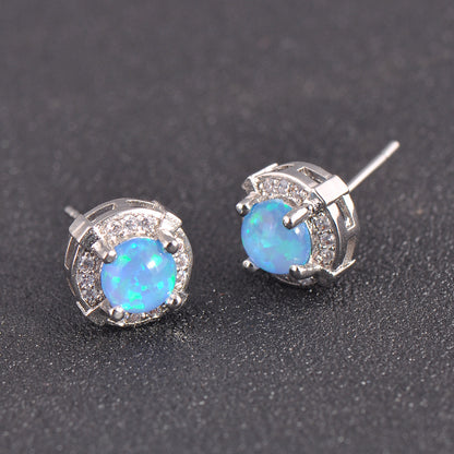 Women's Round Four‑Prong Halo Blue & White Opal Stud Earrings,with White Gold Plating